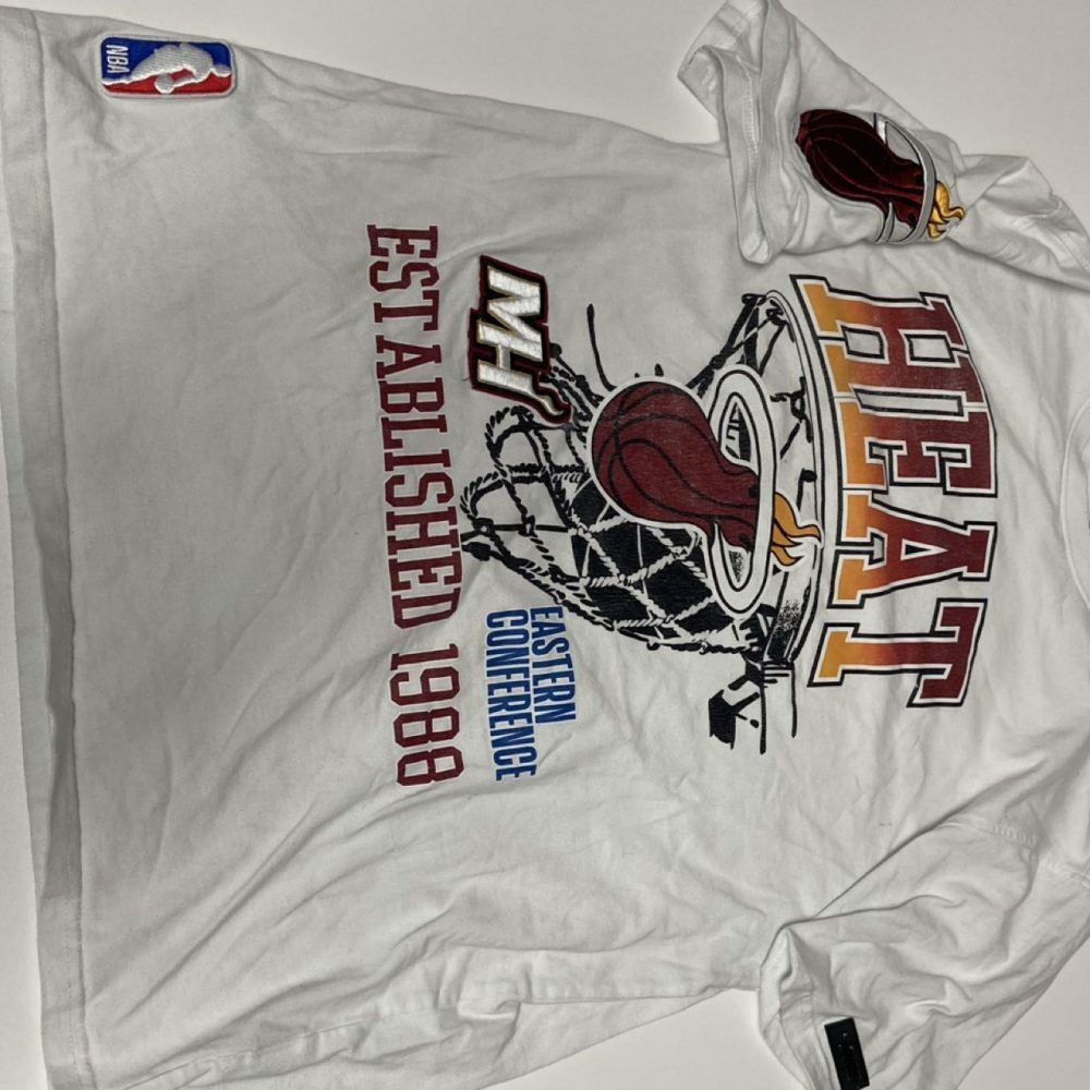 NBA Miami Heat white t-shirt with basketball going through a hoop graphic, 'ESTA